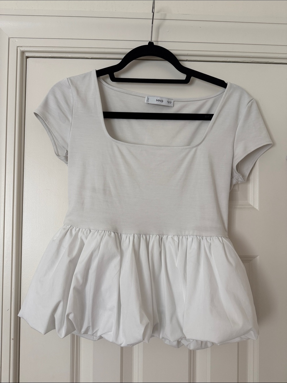 Mango White Square Neck Peplum Short Sleeve Top